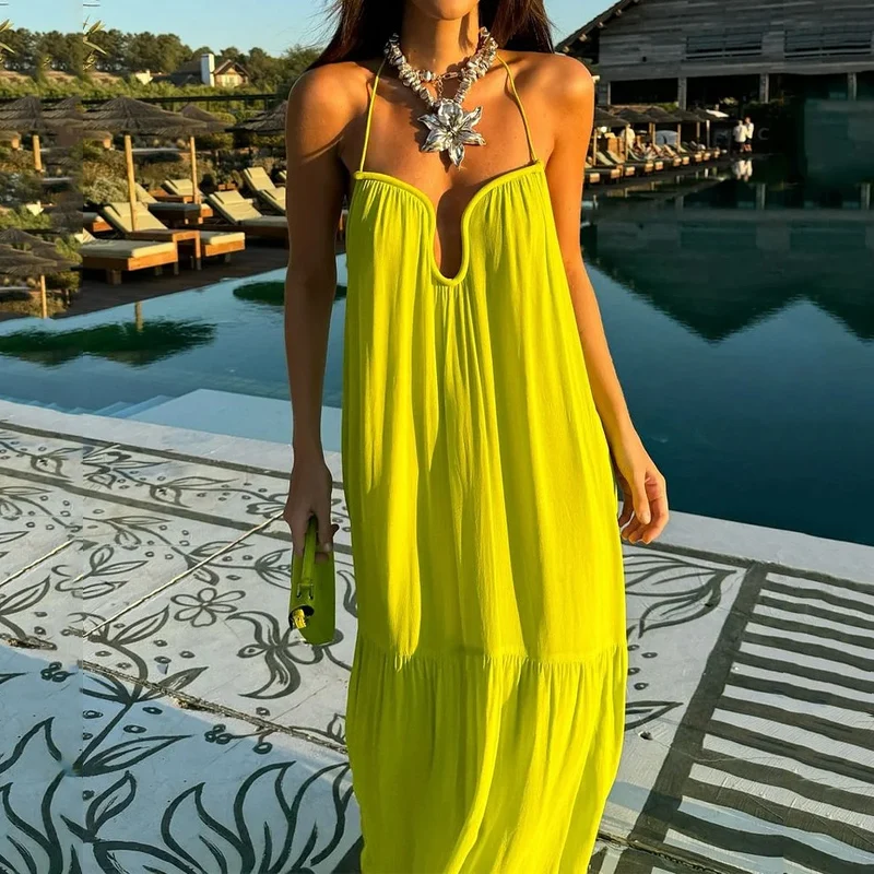 Wefads Maxi Dress Summer Women Sexy Fashion Solid Sleeveless Backless V Neck Halter Beach Casaul Loose Long Dresses Streetwear