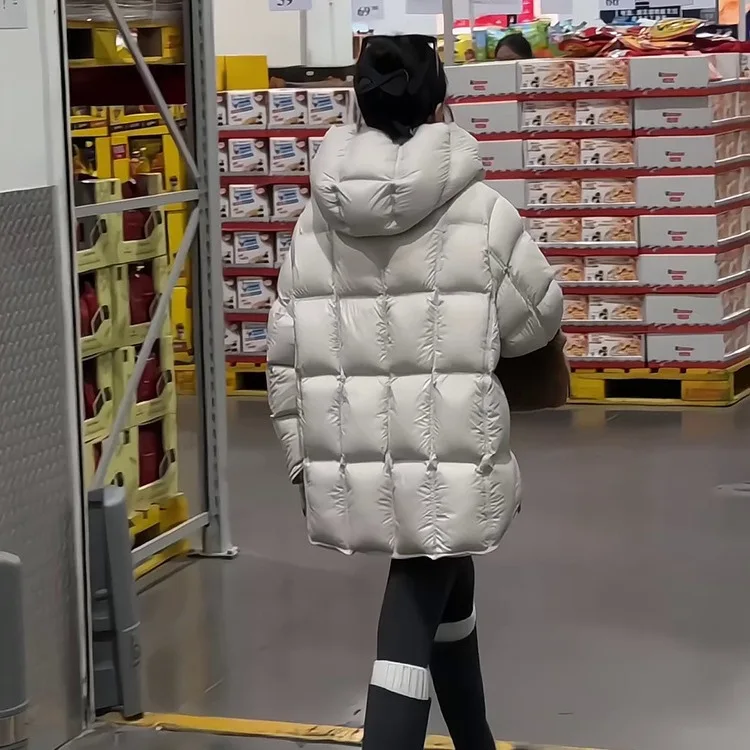 Autumn Winter Outwear Square Warm Short Coat Women Light White Down Jacket with Hood Loose Over Size Casual