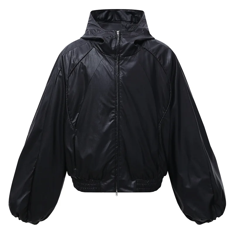 

Retro American Functional Waterproof Hooded PU Leather Jaet Men's Faion Motorcycle Sensation Cuff ape Outerwear