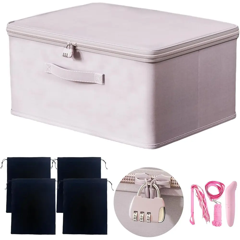 

Adult Game Organizer Lockable Storage Box with 4 Drawstring Bags, Large 16x11.8x8.2 (Gray Pink)