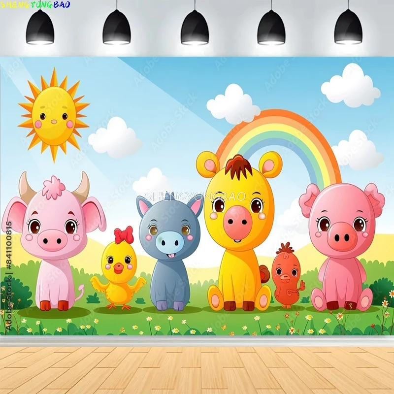 Farm Scene Old Farmer Man And Cute Animals Photography Backdrops Red Barn Windmill Dairy Cow Birthday Party Background NC-01