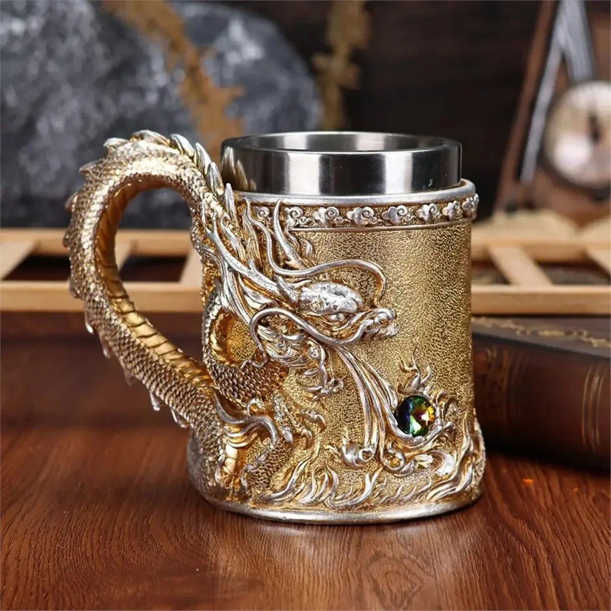 2026 New 500ML Golden Copper Dragon Beer Resin 304 Stainless Steel Medieval Tea Cup Coffee Beer Mug Copper Color New Party Bar B