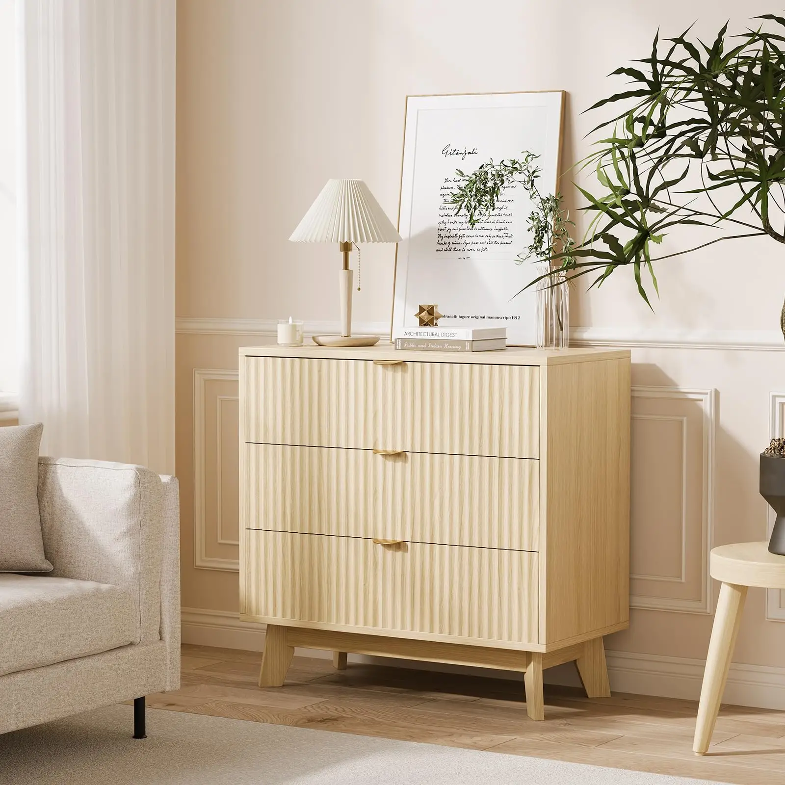 3 Drawer Dressers, Modern Fluted Closet Dressers Chest of Drawers, Wood Storage Dresser for Bedroom Living Room, Hallway