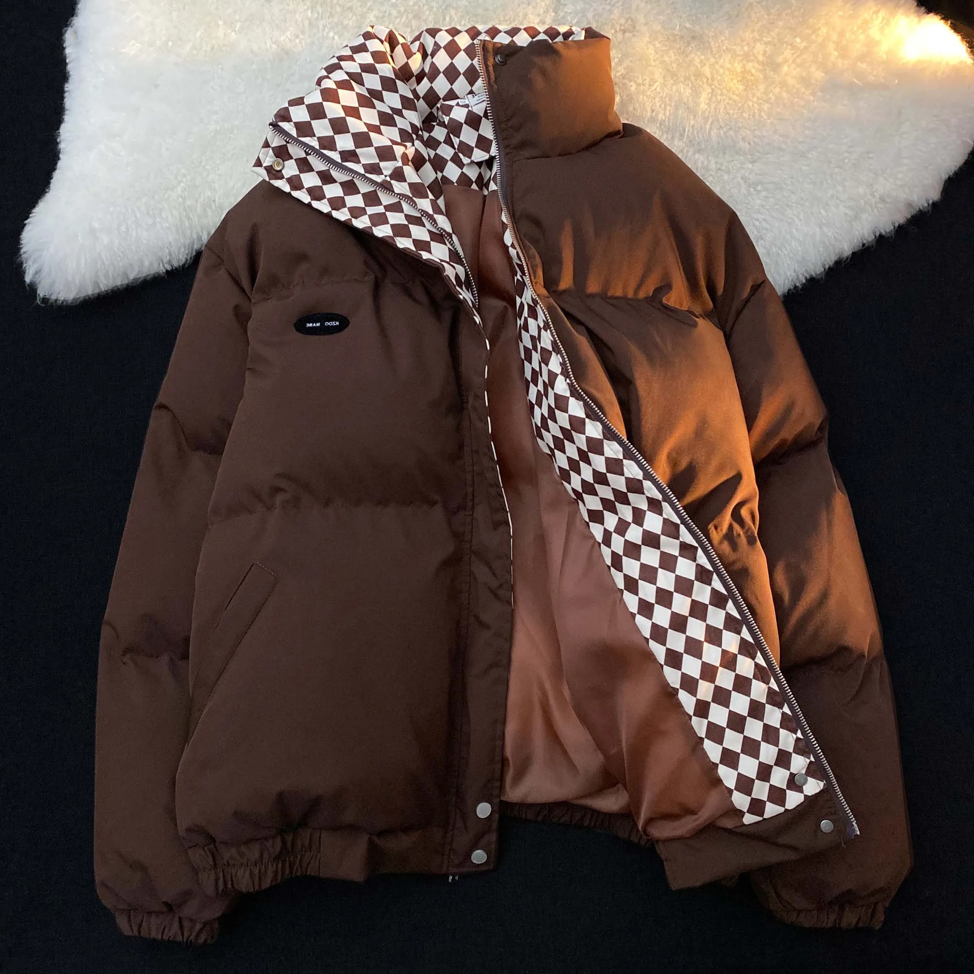 

Advanced Chessboard Checkered Collar Cotton Dress for Men and Women in Winter Loose Design with Thickened Cotton Coat Coat