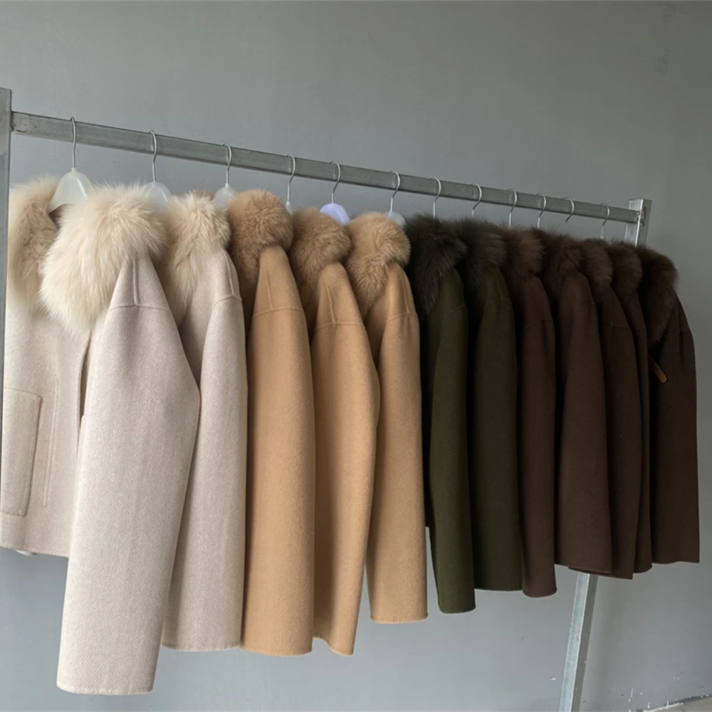 

Jaxmonoy Real Fox Fur Collar Wool Coat for Women Fashion Casaco Inverno Feminino Autumn Casual Cashmere Blend Jacket New Arrival