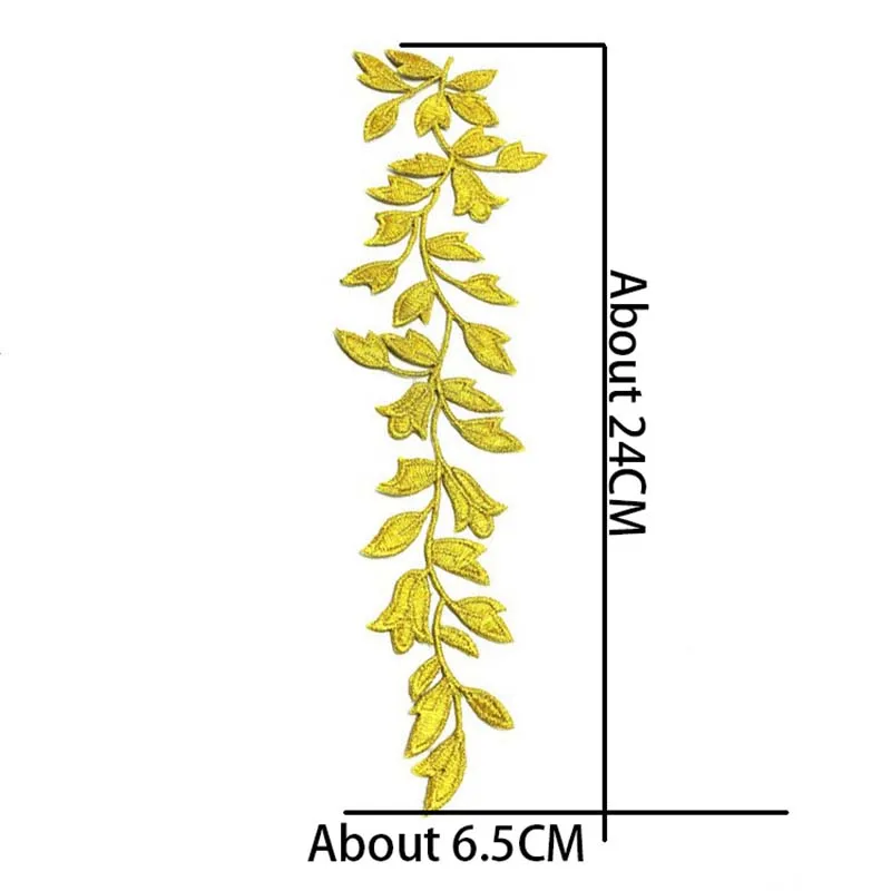 24*6.5CM/1PCS Gold Leaves Applique Iron On Patches,Leaf Vine Fusible Embroidered Patch Thermal Stickers For Clothing,Dresses