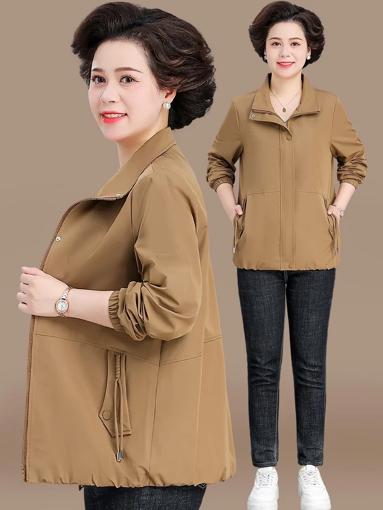 

Faionable ort Windbreaker Jaet for Middle-Aged Women Autumn Spring Cardigan Top Polyester Fiber Loose Fit Collar