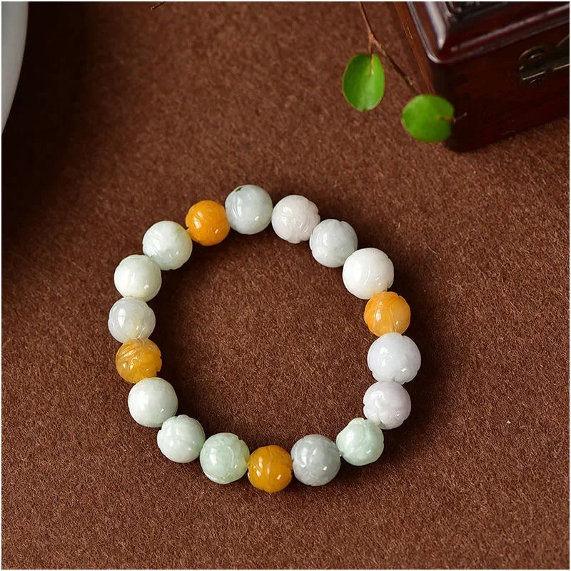 

Burmese Jade Lotus Bracelets Gemstone Accessories Jadeite Luxury Natural Carved Women Gift Vintage Bead Real Gemstones Jewelry