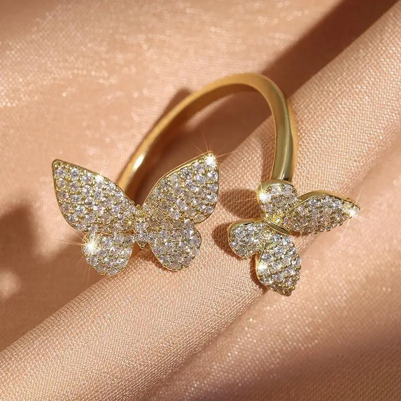 RAKOL Micro Inlay Zircon Butterfly Open Rings for Women Fashion Exquisite Adjustable Rings Wedding Bride Jewelry