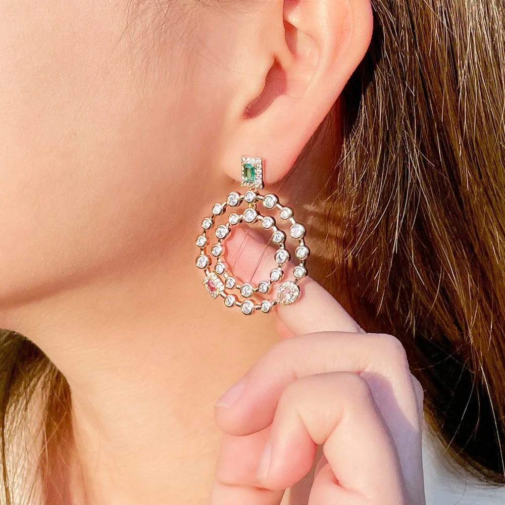 

Pera Elegant Green Red CZ Zircon White Gold Color Big Double Cicles Dangle Drop Earrings Statement Jewelry Party for Women E935