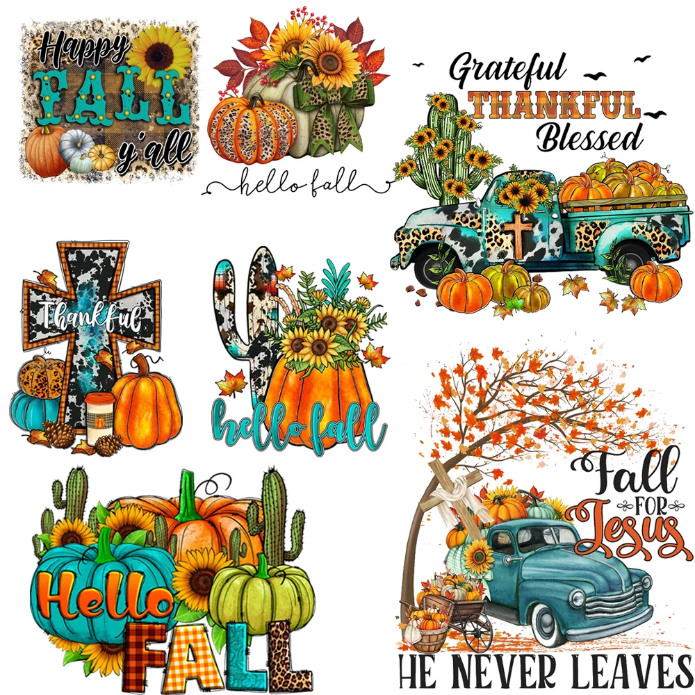 Fall For Jesus he never leaves Iron Heat Transfer Clothing Home Decor Print Waterproof Hoodie T-shirt Sticker Thanksgiving Gift