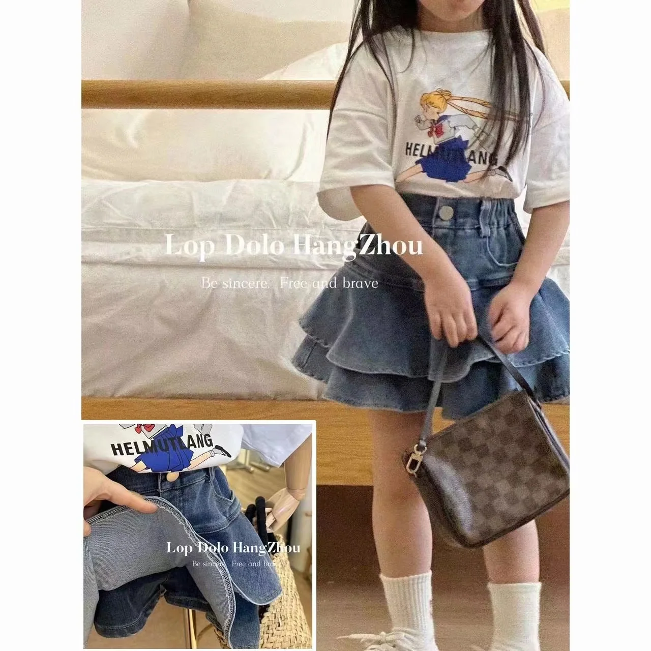 Korean Children\'s Clothing Set For Girls 2024 Summer New Sweet Cotton Cartoon Short Sleeve T-shirt Denim Skirt Two Piece Set