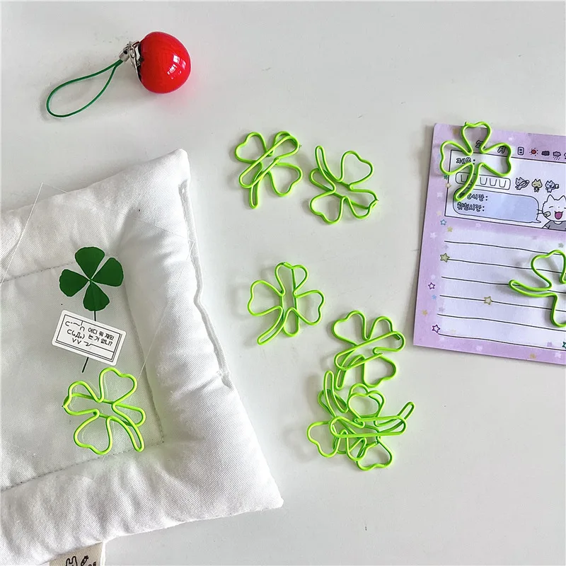 5pcs Cute Creative Design Paper Clip Green Ins Simplicity Color Clover Scrapbook Paper Clip Sweet Bookmark Student Supplies