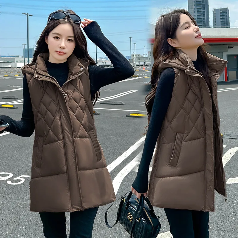 Parkas Women Sleeveless Hooded Vest Coats Midi Length Coat Slim Fit Thick Zipper Solid Casual Jacket Vests Pockets Autumn Winter
