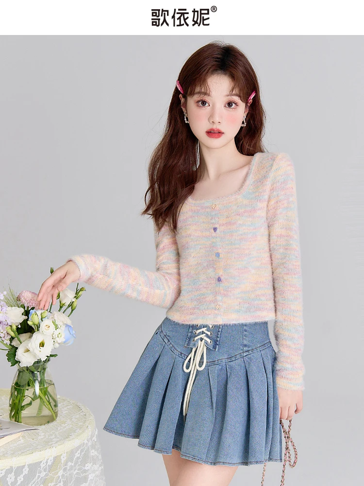 Color Square Neck T-shirt Women's Long Sleeve Stitching Straight Velvet Spring and Autumn New Short SweaterTop Versatile Fashion