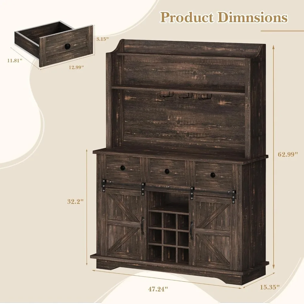 Шкаф для кофе-бара в фермерском доме с 3-уровневым хранилищем, 63-дюймовый кухонный шкаф для хранения вещей с 3 ящиками, высокий кофейный бар с держателями, Wi