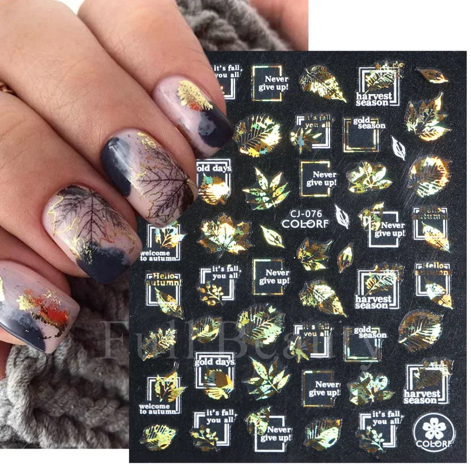 Autumn Manicure 2022 Stickers White Laser Gold Fall Leaves Decals Sliders Nail Art Decor Thanksgiving 3D Adhesive Foils CHCJ077