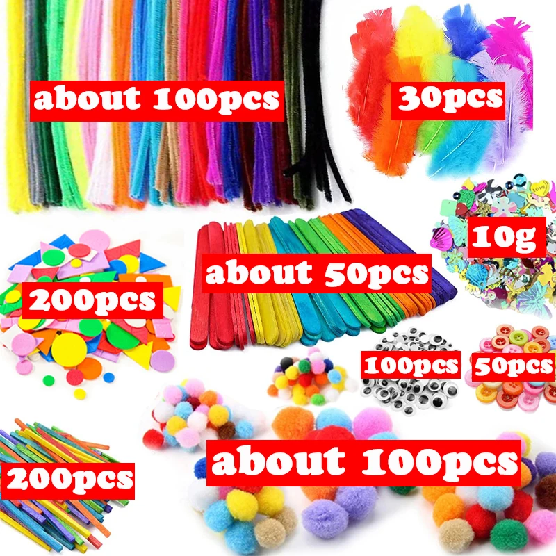 1000pcs Kids Crafts Art Supplies Kit Pipe Cleaners Pompoms Foam Stickers Feather Felt Cloth Button DIY Creative Craft Toy Gifts