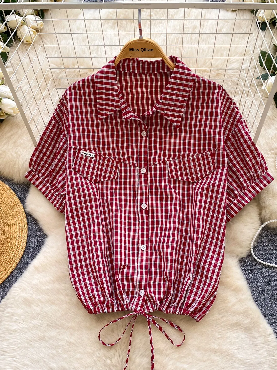 

Retro Plaid Bow Design Shirt Women Summer Short Sleeve Loose Commute Style Versatile Top Breathable Polyester Fiber Korean Style