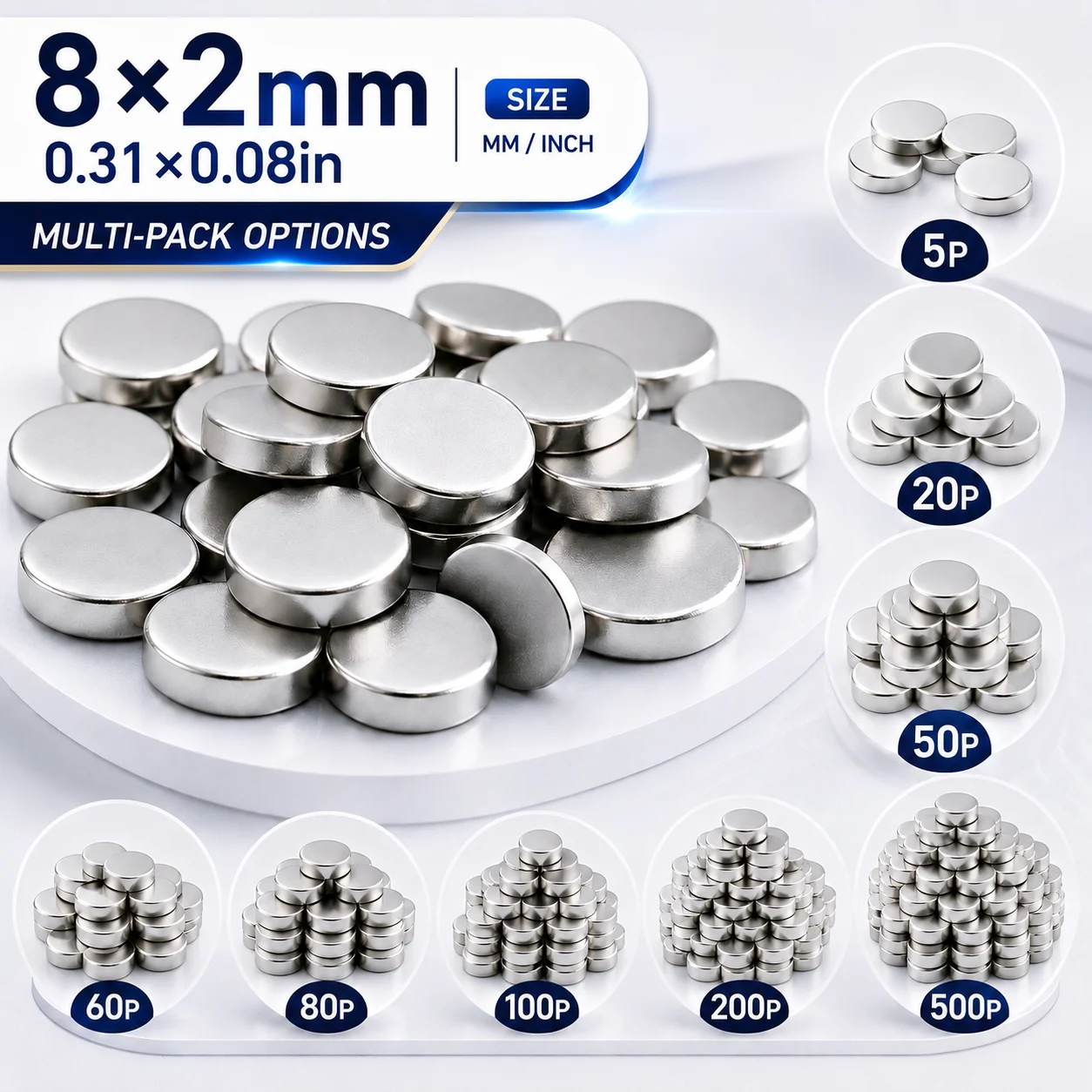 5-500PCS 8x2mm Round Magnets, Small Silver Circular Magnets for Fridge, Office, Storage, Photos, Notes & Home Organization