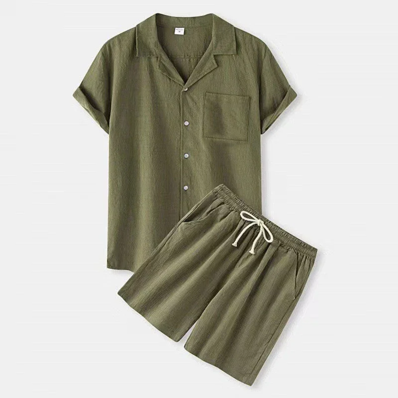 Men's Short Sleeve Summer Costume, Lapel Button Pocket Shirt + Elastic Cord Shorts, Sports Costume