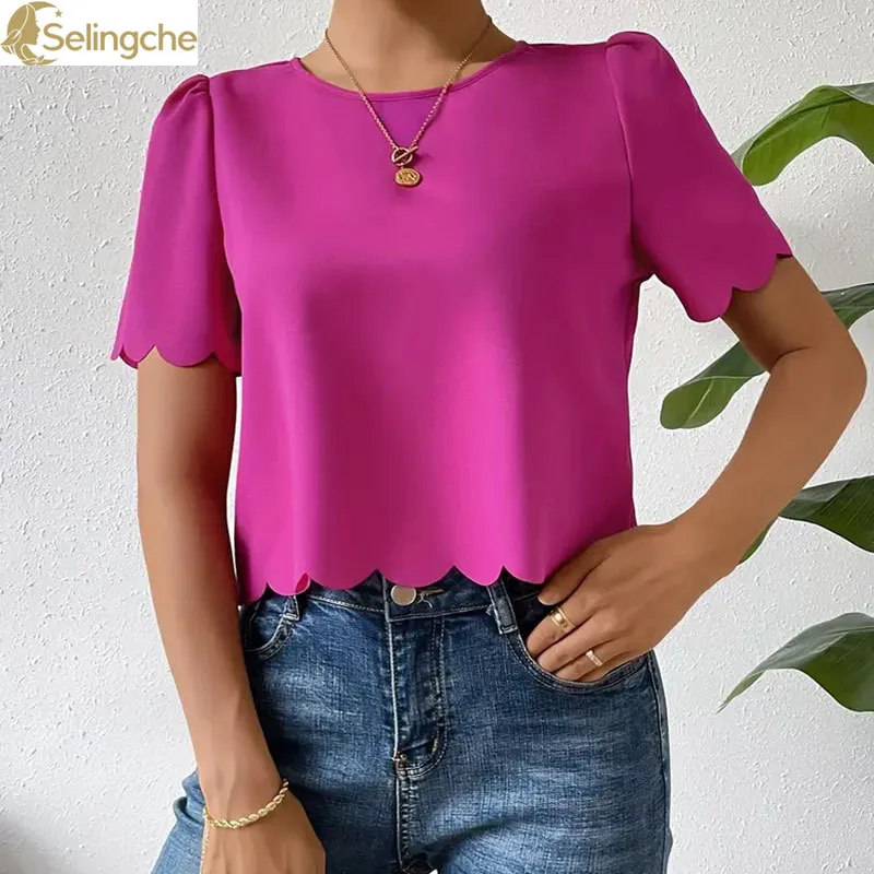 

Solid Color Burnt Flower Shell Edge Exposed Navel Short Top Women's Round Neck Short Sleeved Shirt T-shirt Women's Summer