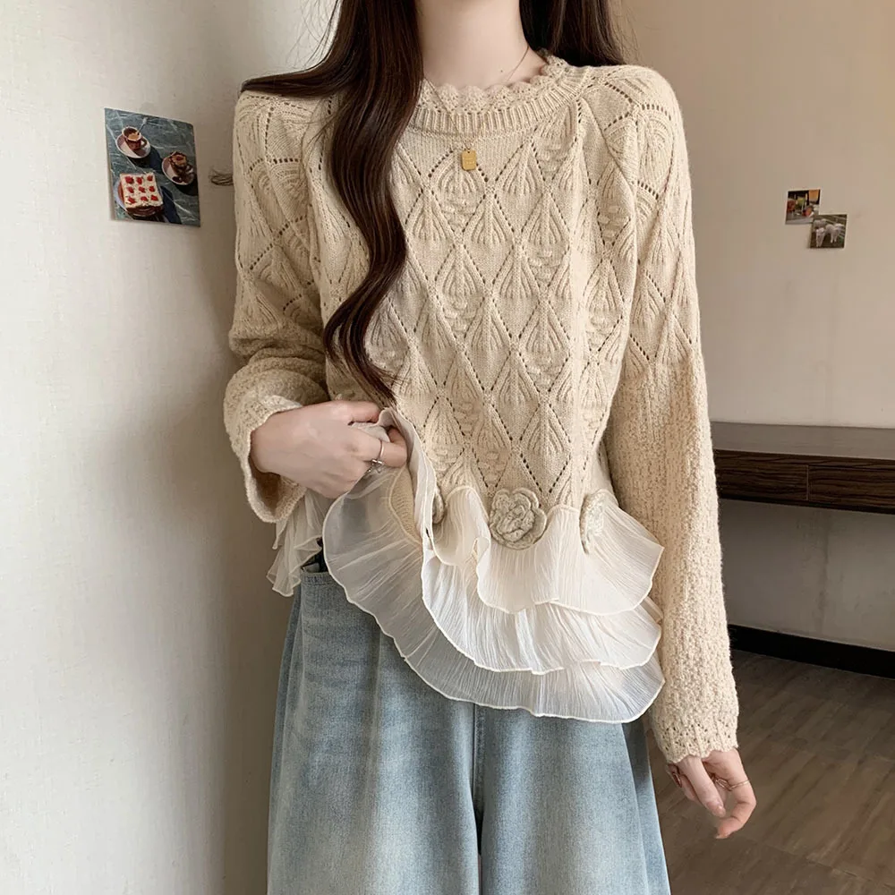 2024 Autumn New O-neck Sweater Women Vintage Long Sleeve Ruffles Decoration Patchwork Jumper for Women 3D Flower Knit Pullovers