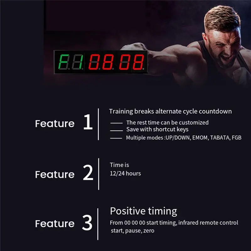 AA10RR Screen Gym Timer 1.5 Inch Digits Count Down/Up Timer Boxing Cycle Interval Clock Stopwatch Fitness Training US Plug