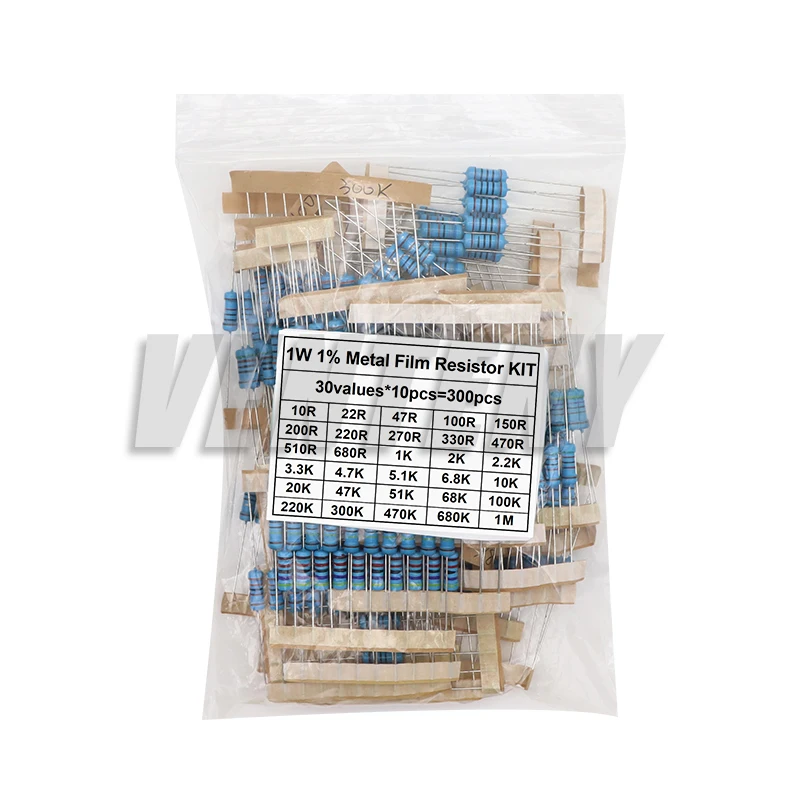 300 buah/lot 1W 1/2W 1/4W 1% Resistor Film logam aneka Kit Resistor = 300 buah Set resistensi 10 Ohm - 1M