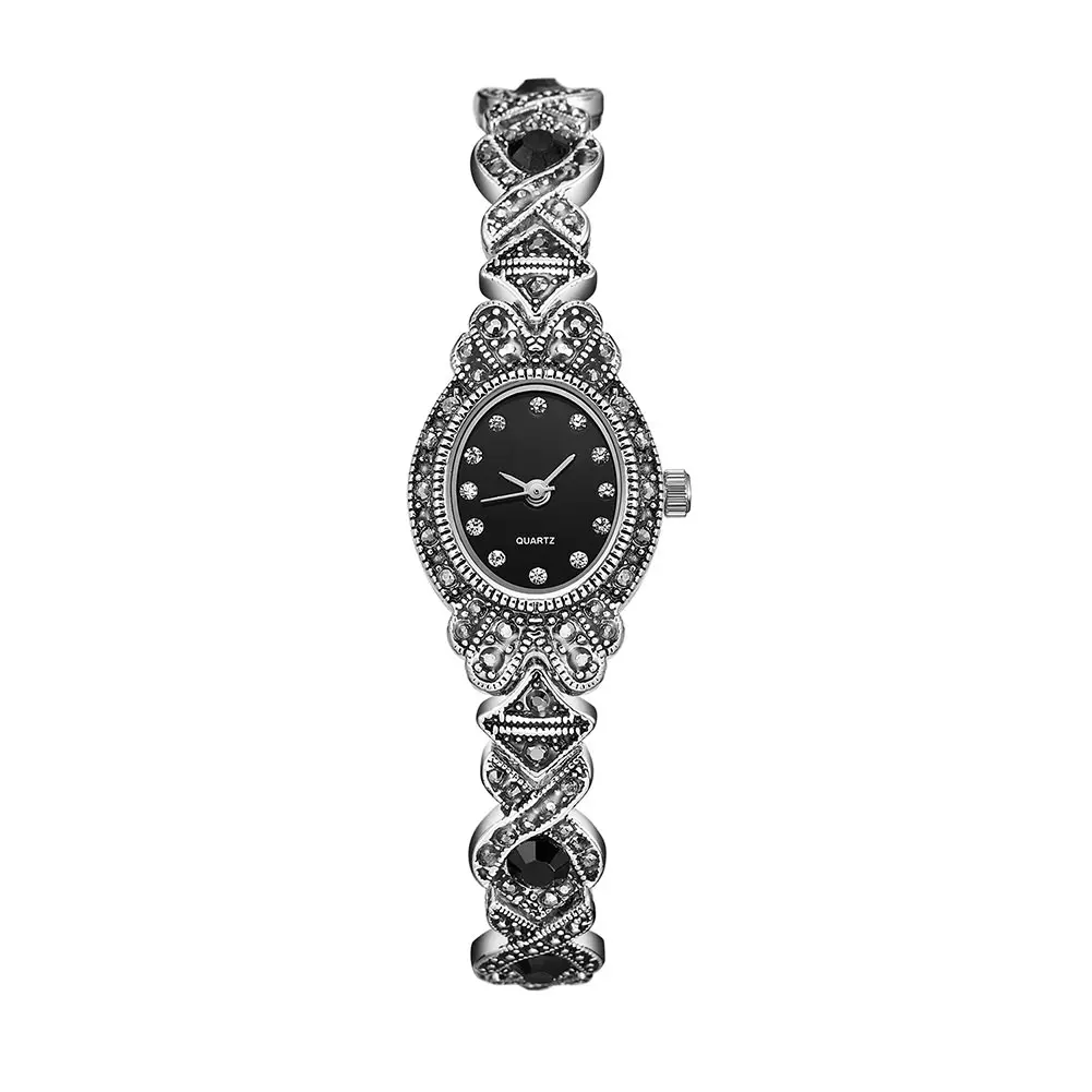 Vintage Women Rhinestone Quartz Watch Carved Alloy Band Bracelet Wristwatch Fashion Retro Crystal Ladies Clocks Gifts