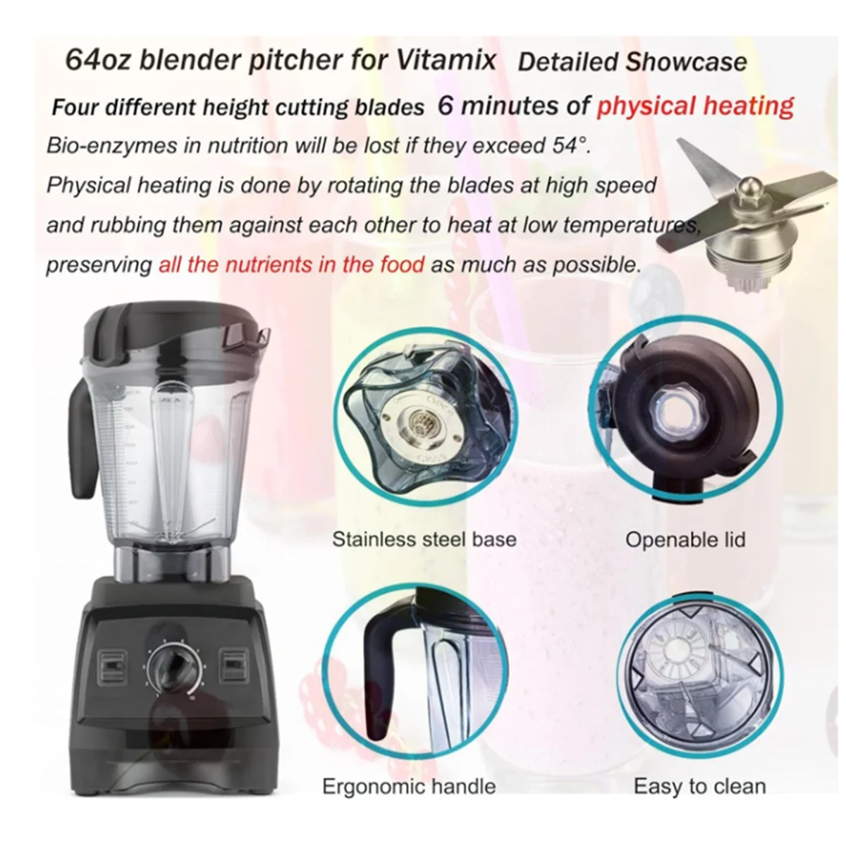 Untuk Teko Blender 64Oz Pengganti Profil Rendah untuk Cangkir Toples Kontainer 750 5300 dengan Tutup &
