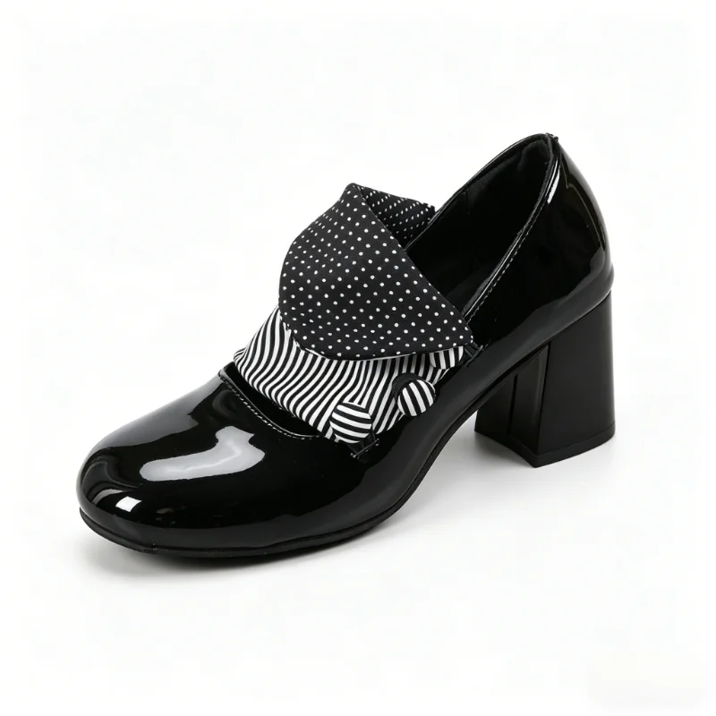 

Women's Mary Jane shoes, retro patchwork polka dot stripe chunky heel shoes, perfect for spring and autumn cosplay parties.