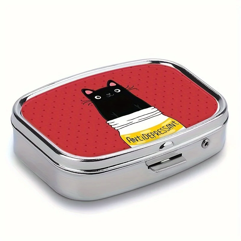 

Коробка для таблеток с рисунком милого черного кота — компактный органайзер для лекарств с 2 отделениями, портативный для путешествий и кошелька, уникальная идея подарка