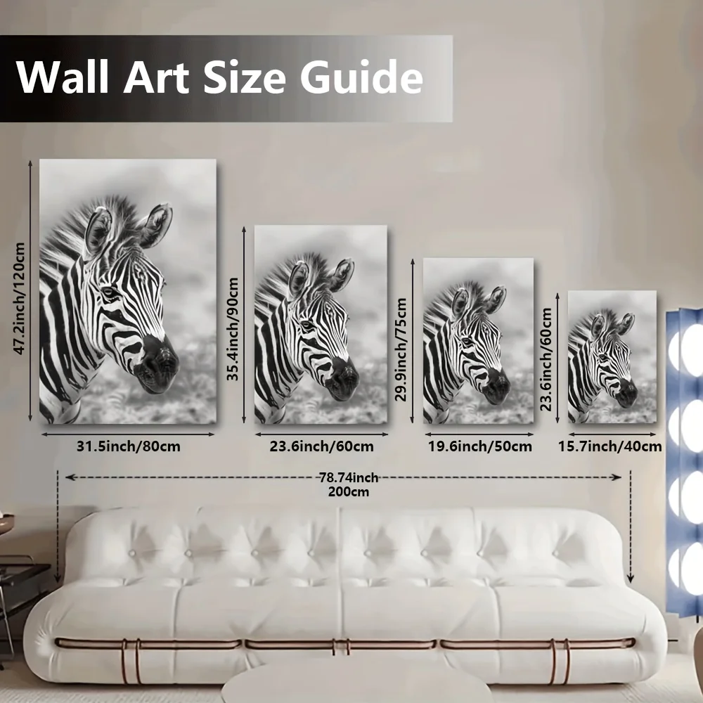 1pc Zebra Art Print on Canvas – Black & White Striped Zebra Wall Decor for Living Room, Bedroom, Office, or Cafe – Unframed Mode