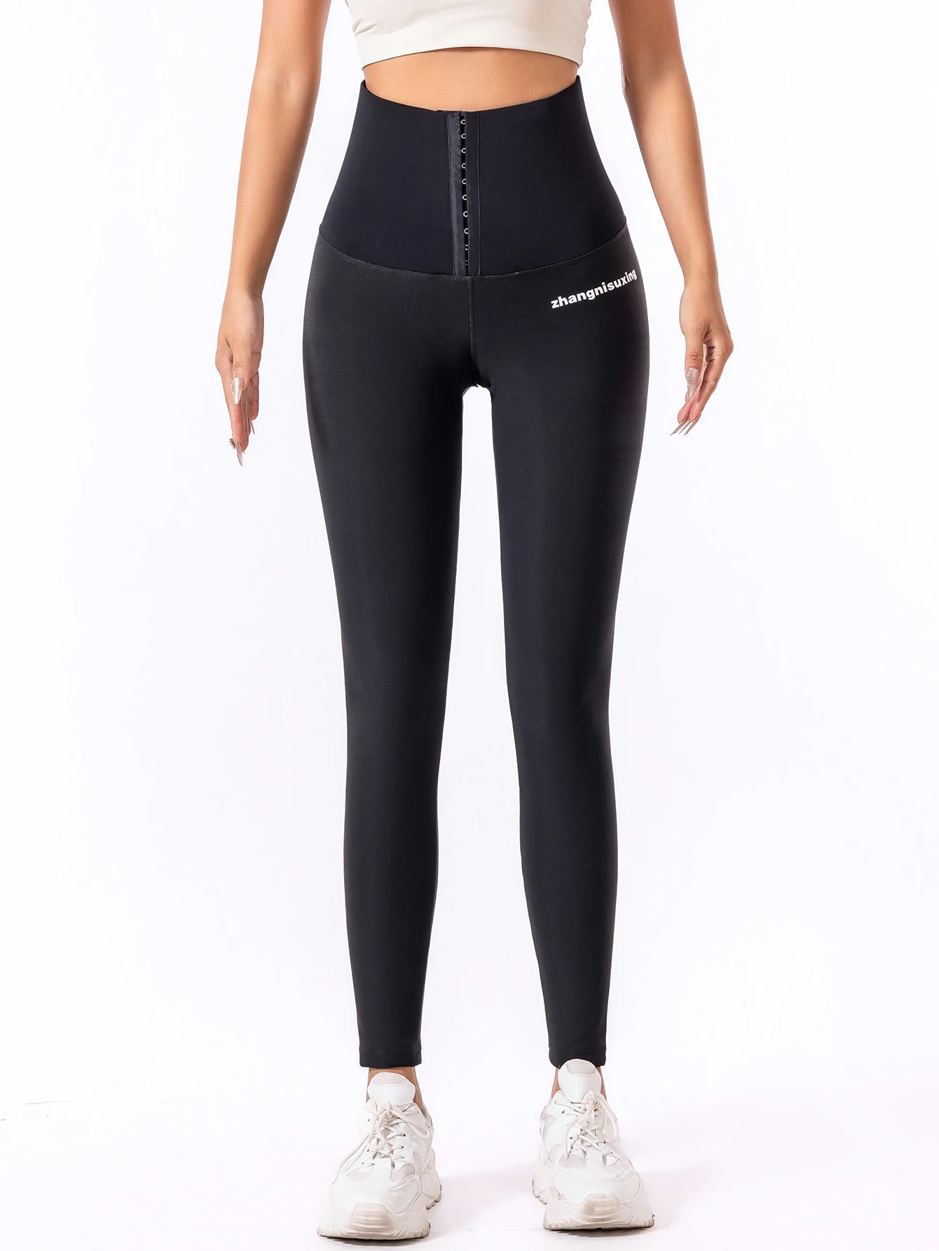 Button-down pants women's belt-tightening fitness wear high-waisted and hip-lifting peach-tight, fleece shaping shark skin