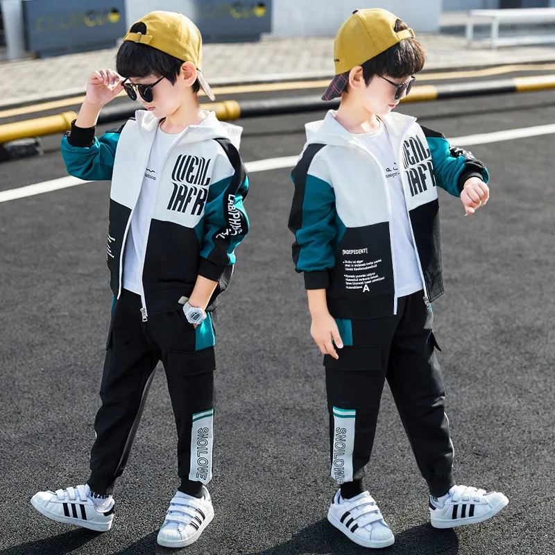 

2024 autumn Child Tracksuit Hooded Clothes Boys Sport Suit Teen Kids Cotton Casual zipper Hoodies + striped Pants 5 8 10 12 year