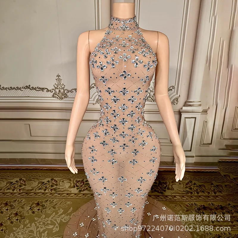 Autumn Mesh Perspective Diamond Fishtail Dress Sexy Nightclub Stage Performance Clothes Miss Universe Choose Beautiful Clothes