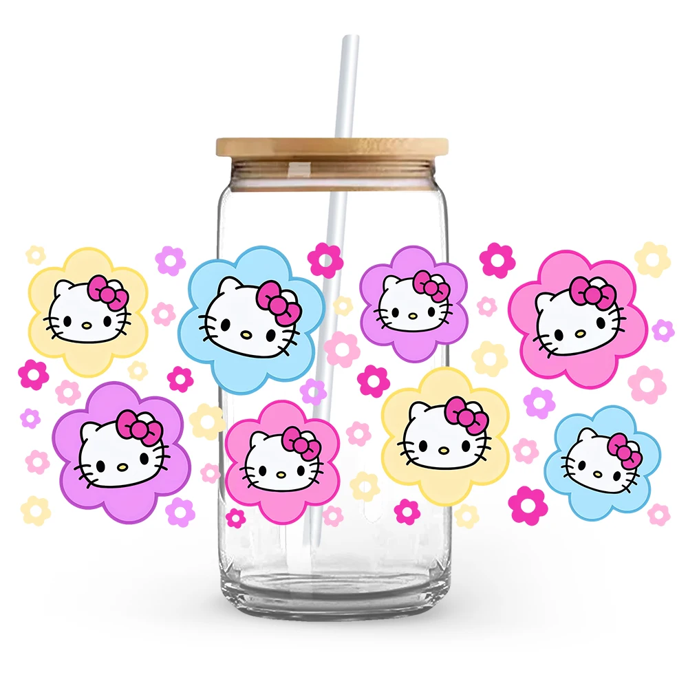 Cute Kawaii Kitty Pink Cat 16oz Cup UV DTF  Wrap Self-adhesive Transfer Decals Custom Wrap Printing