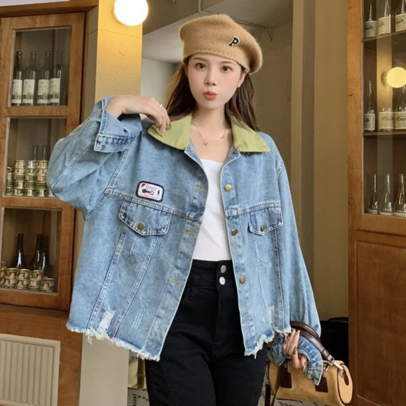 

Blue Retro Denim Jacket Women Fashion Streetware Splicing Colour Blocking Hole Loose Y2k Tops Teenage High Street Coat Outerwear