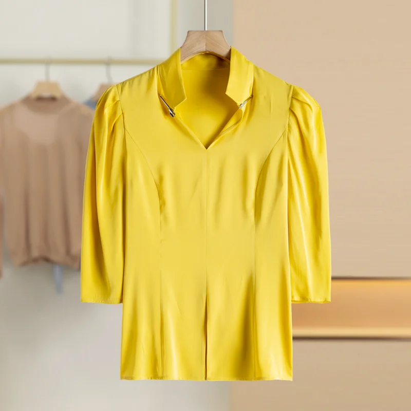 

Шелковая блузка из жатого шелка с воротником-стойкой и разрезом, модель ZP096, женская модная блузка премиум-класса