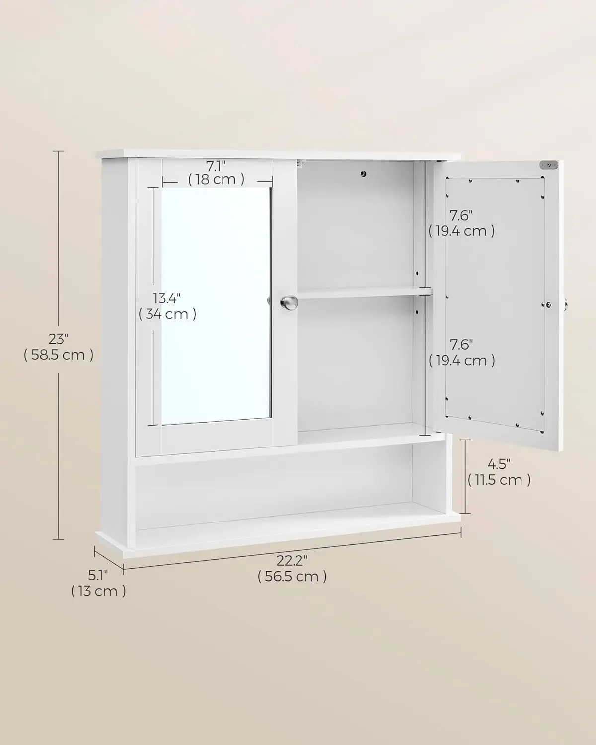Szafka łazienkowa wisząca z lustrem, regulowaną półką, otwartym przegrodą, biała, 13x57x58 cm