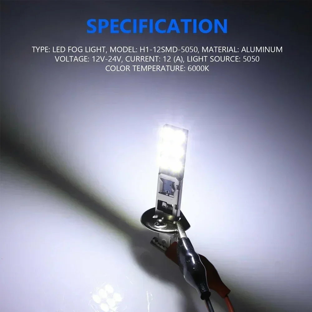 2Pcs H1 6000K White 55W LED Headlight 12V-24V Bulbs Kit Fog Driving Light Day-time Running Light DRL Bulb12SMD-5050 Lamp Aluminu