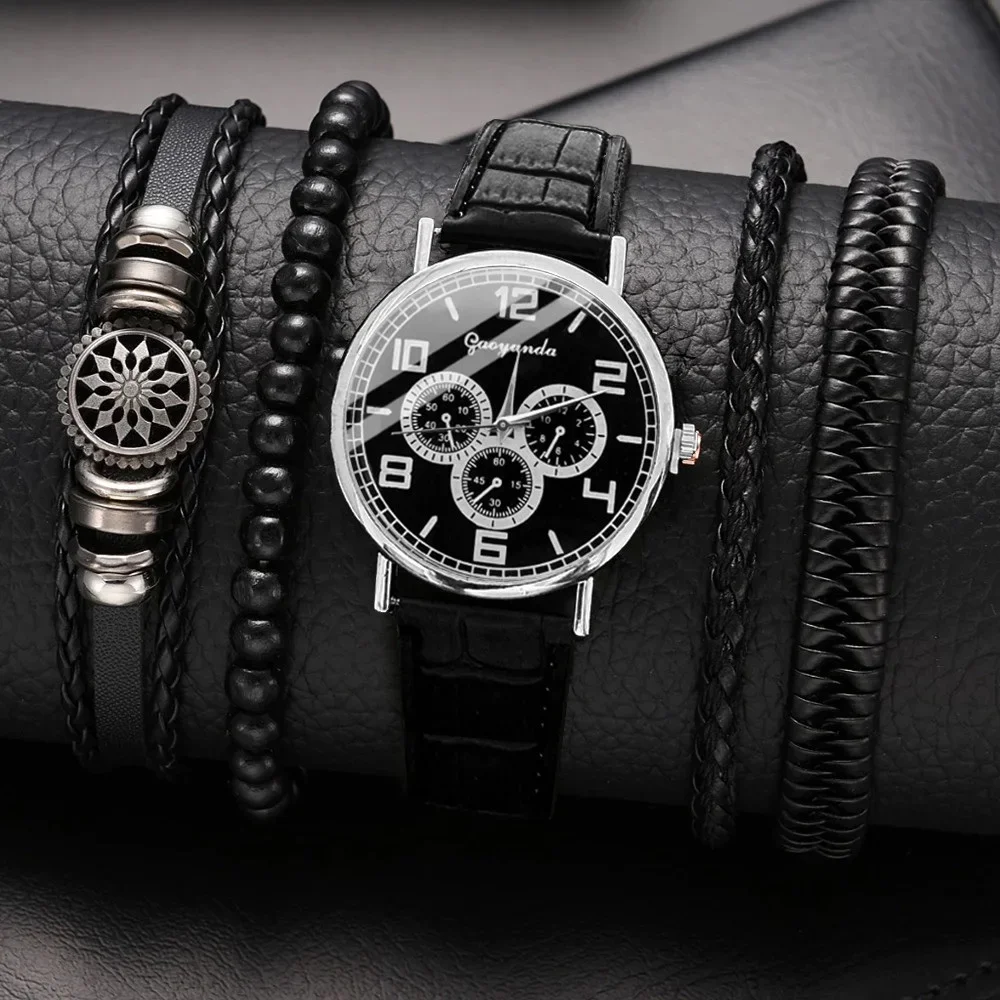 SKOMIT 5Pcs/4Pcs Fashion Men Watches Set Luxury Business Quartz Wristwatch with Leather Woven Bracelets Men Watch Gifts