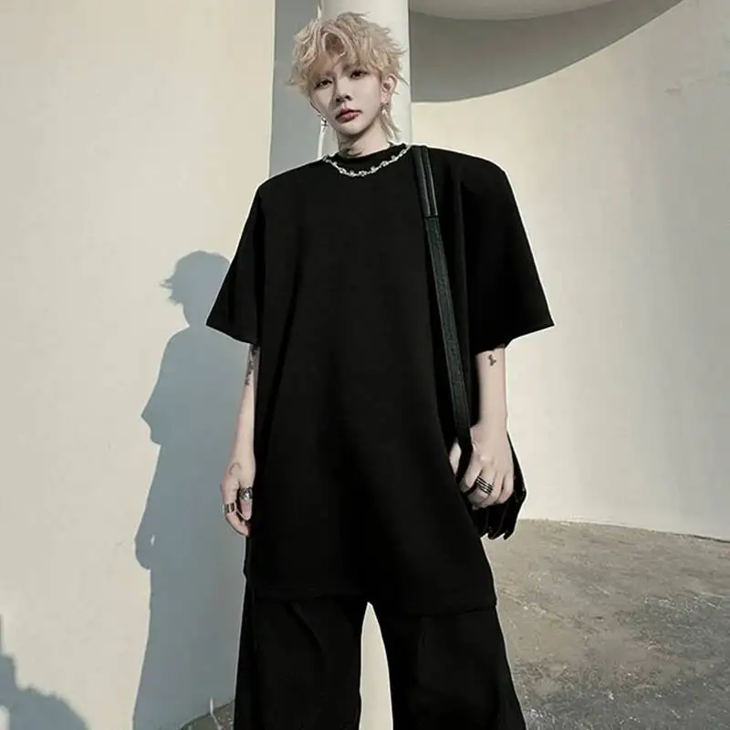 LUZHEN Metal Chain Sleeve 2026 New Short Summer Decorate T-shirts Men's Stylish Solid Color Shoulder Pad Loose Male Tops JY7333