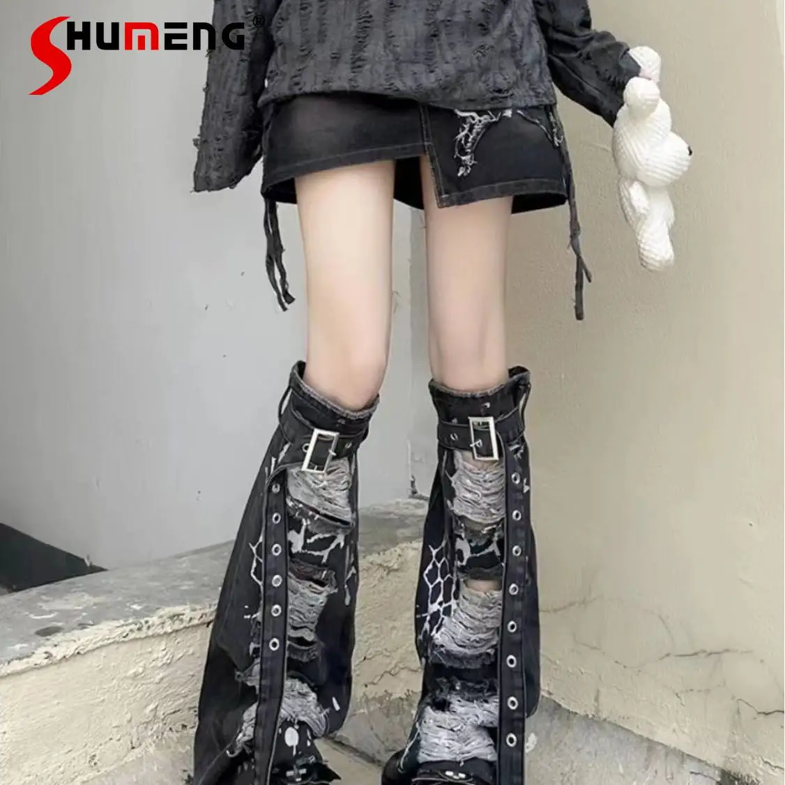 

Subculture Y2k Hot Girls Ripped Denim Leg Cover College Style Versatile and Thin Retro Sweet Cool Mid Tube Socks Leg Warmers