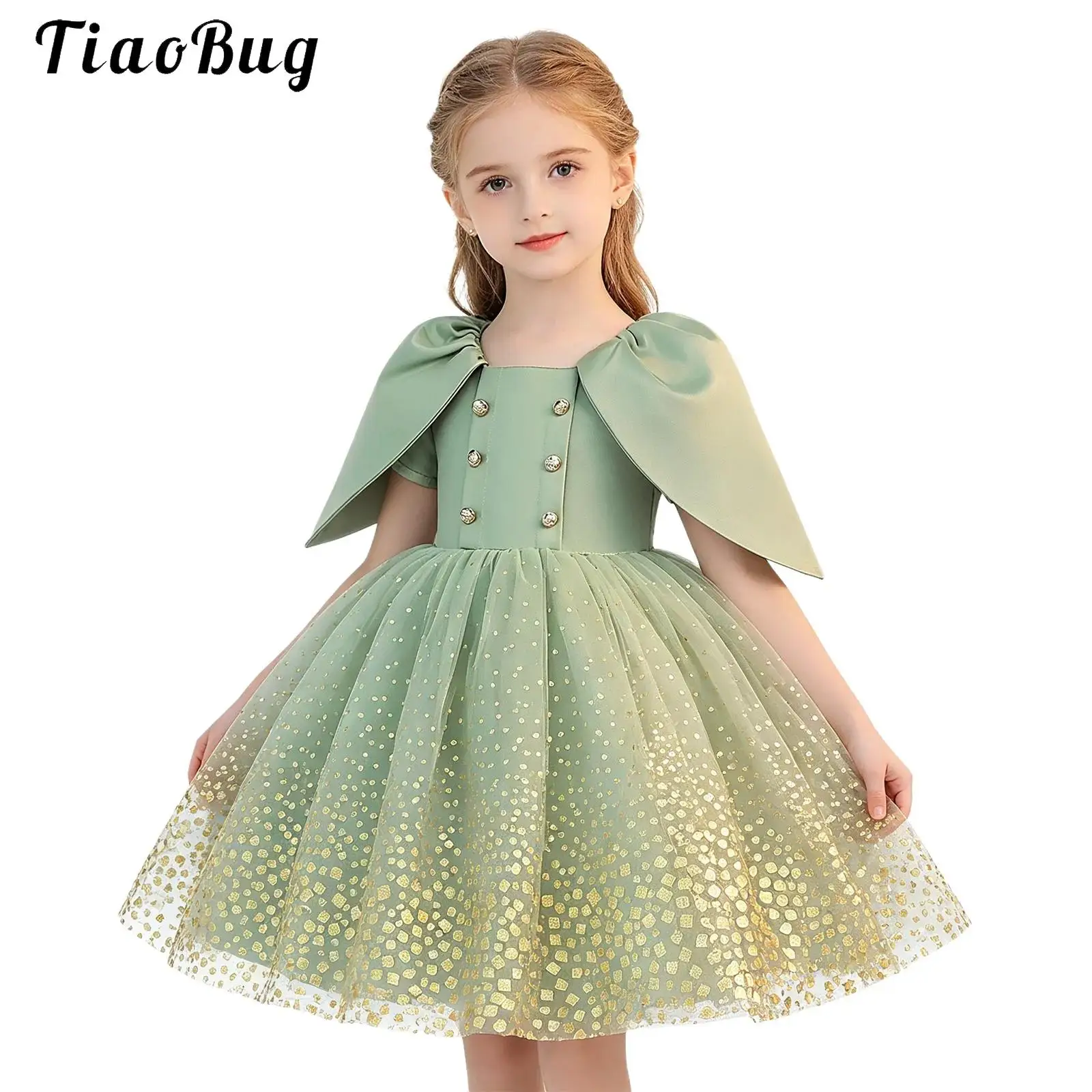 

Flower Girls Wedding Dress Glitter Sequin Tulle Puff Princess Satin Dress for Children Elegant Bridal Pageant Birthday Ball Gown