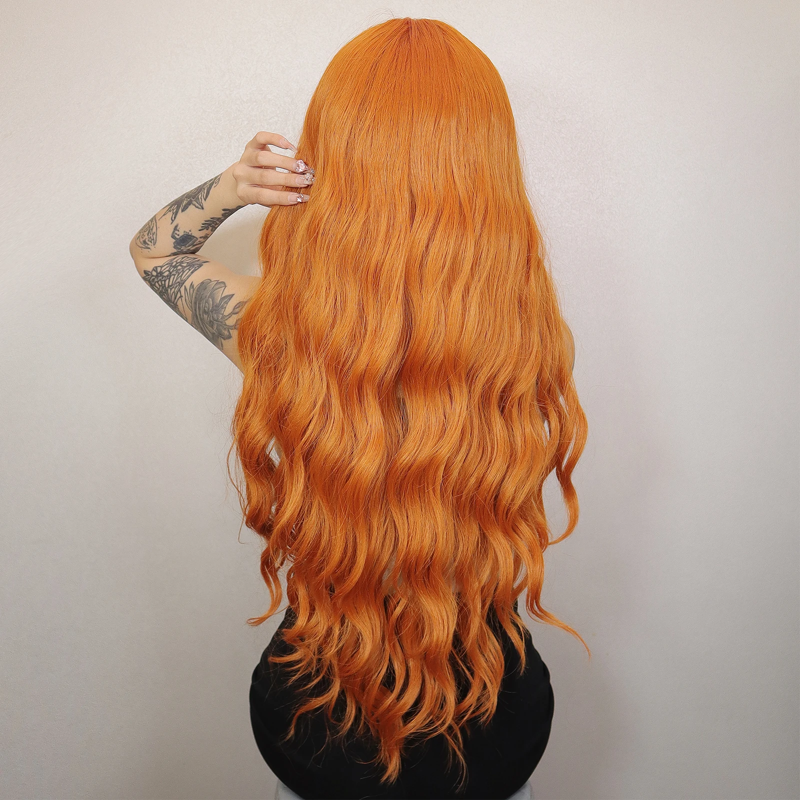 Orange Long Curly Wavy Synthetic Bangs Wigs Ginger Copper Cosplay Party Halloween Wig Hair for White Women Girls Heat Resistant