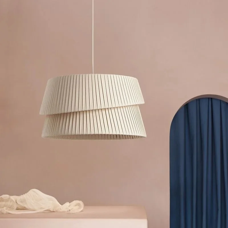 Two-Tier Pleated Fabric Pendant Light Beige Shade Hanging Lamp Modern Minimalist Light for Dining Room Kitchen Island Cafe Home