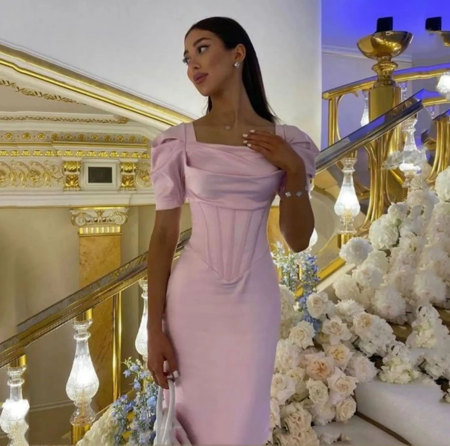 Rosa Hochzeitskleid, Party, Abend, elegant, luxuriös, Promi-Absolvent, Puffärmel, Ballkleider, Grace, maßgeschneidert, Meerjungfrau, Brautjungfer