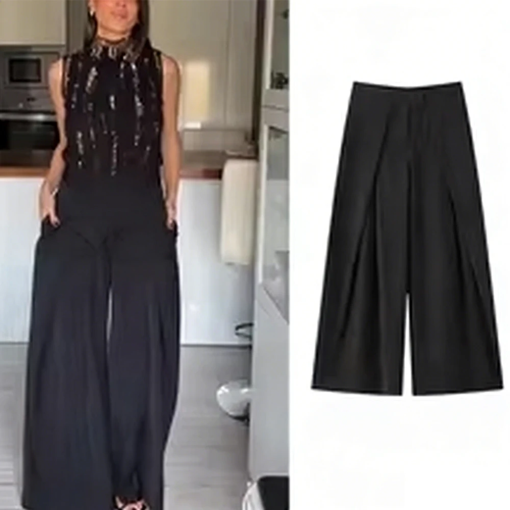 Damen Casual Chic Weite Hosen Vintage Büro-Stil Hohe Taille Taschen Plissierte Lange Hosen 2026 Frühling Sommer Streetwear Hosen